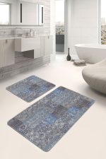- PaspasTakimi-2li-Set1133-Gorsel-2 - Realhomes  2'li Set Mavi - Gri Zeminde Patchwork Motifli Etnik Desenli Vintage Eskitme Motifli  2'li Banyo & Mutfak Paspas Takımı Realhomes