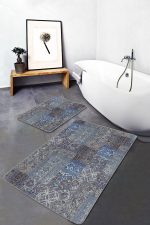 - PaspasTakimi-2li-Set1133-Gorsel-5 - Realhomes  2'li Set Mavi - Gri Zeminde Patchwork Motifli Etnik Desenli Vintage Eskitme Motifli  2'li Banyo & Mutfak Paspas Takımı Realhomes