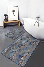 - PaspasTakimi-2li-Set1134-Gorsel-1 - Realhomes 2'li Set Gold - Mavi Zeminde Kanvas Motifli Etnik Desenli Klasik Eskitme Motifli 2'li Banyo & Mutfak Paspas Takımı Realhomes