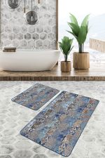 - PaspasTakimi-2li-Set1134-Gorsel - Realhomes 2'li Set Gold - Mavi Zeminde Kanvas Motifli Etnik Desenli Klasik Eskitme Motifli 2'li Banyo & Mutfak Paspas Takımı Realhomes