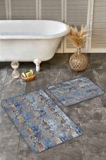 - Realhomes - Realhomes 2'li Set Gold - Mavi Zeminde Kanvas Motifli Etnik Desenli Klasik Eskitme Motifli 2'li Banyo & Mutfak Paspas Takımı Realhomes