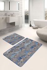 - PaspasTakimi-2li-Set1134-Gorsel-5 - Realhomes 2'li Set Gold - Mavi Zeminde Kanvas Motifli Etnik Desenli Klasik Eskitme Motifli 2'li Banyo & Mutfak Paspas Takımı Realhomes