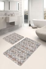 2'li Set Beyaz Zeminde Geleneksel Motifli Kilim Desenli Eskitme Motifli Etnik Motifler  2'li Banyo & Mutfak Paspas Takımı Realhomes