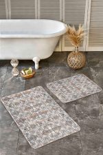 2'li Set Beyaz Zeminde Geleneksel Motifli Kilim Desenli Eskitme Motifli Etnik Motifler  2'li Banyo & Mutfak Paspas Takımı Realhomes