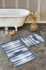 - Realhomes - Realhomes  2'li Set Mavi - Beyaz Zeminde Baklava Motifli Eskitme Desenli Geometrik Eskitme Motifli  2'li Banyo & Mutfak Paspas Takımı Realhomes