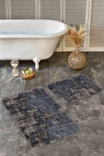 - Realhomes - Realhomes  2'li Set Kahverengi - Füme Zeminde Çizgili Motifli Antik Desenli Vintage Eskitme Motifli  2'li Banyo & Mutfak Paspas Takımı Realhomes