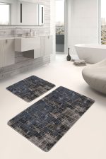 - PaspasTakimi-2li-Set1140-Gorsel-4 - Realhomes  2'li Set Kahverengi - Füme Zeminde Çizgili Motifli Antik Desenli Vintage Eskitme Motifli  2'li Banyo & Mutfak Paspas Takımı Realhomes