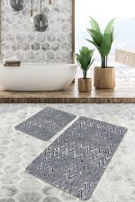 2'li Set Gri Zeminde Eskitme Motifli Zikzak Desenli Eskitme Motifli Geometrik  2'li Banyo & Mutfak Paspas Takımı Realhomes