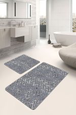 2'li Set Gri Zeminde Eskitme Motifli Zikzak Desenli Eskitme Motifli Geometrik  2'li Banyo & Mutfak Paspas Takımı Realhomes