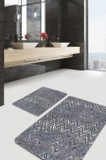 2'li Set Gri Zeminde Eskitme Motifli Zikzak Desenli Eskitme Motifli Geometrik  2'li Banyo & Mutfak Paspas Takımı Realhomes