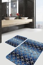 - PaspasTakimi-2li-Set1142-Gorsel-1 - Realhomes  2'li Set Gold - Lacivert Zeminde Geometrik Motifli Morrocan Desenli Geometrik  2'li Banyo & Mutfak Paspas Takımı Realhomes