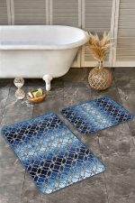 - Realhomes - Realhomes  2'li Set Gold - Lacivert Zeminde Geometrik Motifli Morrocan Desenli Geometrik  2'li Banyo & Mutfak Paspas Takımı Realhomes