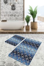 - PaspasTakimi-2li-Set1142-Gorsel-5 - Realhomes  2'li Set Gold - Lacivert Zeminde Geometrik Motifli Morrocan Desenli Geometrik  2'li Banyo & Mutfak Paspas Takımı Realhomes