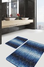 - PaspasTakimi-2li-Set1143-Gorsel - Realhomes 2'li Set Gold - Lacivert Zeminde Geometrik Motifli Üçgen Desenli Geometrik 2'li Banyo & Mutfak Paspas Takımı Realhomes