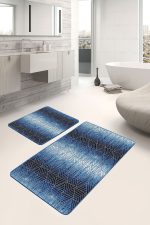 - PaspasTakimi-2li-Set1143-Gorsel-2 - Realhomes 2'li Set Gold - Lacivert Zeminde Geometrik Motifli Üçgen Desenli Geometrik 2'li Banyo & Mutfak Paspas Takımı Realhomes