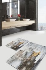 - PaspasTakimi-2li-Set1145-Gorsel-1 - Realhomes  2'li Set Sarı - Krem Zeminde Kanvas Motifli Duvar Desenli Eskitme Motifli Vintage  2'li Banyo & Mutfak Paspas Takımı Realhomes