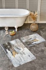 - Realhomes - Realhomes  2'li Set Sarı - Krem Zeminde Kanvas Motifli Duvar Desenli Eskitme Motifli Vintage  2'li Banyo & Mutfak Paspas Takımı Realhomes