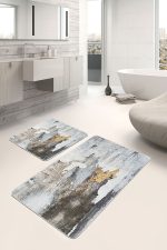 - PaspasTakimi-2li-Set1145-Gorsel-4 - Realhomes  2'li Set Sarı - Krem Zeminde Kanvas Motifli Duvar Desenli Eskitme Motifli Vintage  2'li Banyo & Mutfak Paspas Takımı Realhomes