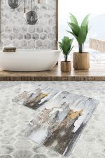 - PaspasTakimi-2li-Set1145-Gorsel-5 - Realhomes  2'li Set Sarı - Krem Zeminde Kanvas Motifli Duvar Desenli Eskitme Motifli Vintage  2'li Banyo & Mutfak Paspas Takımı Realhomes