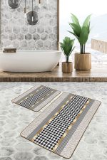 - PaspasTakimi-2li-Set1146-Gorsel - Realhomes  2'li Set Gold - Siyah Zeminde Geometrik Motifli Kazayağı Desenli Geometrik Klasik  2'li Banyo & Mutfak Paspas Takımı Realhomes