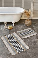 - Realhomes - Realhomes  2'li Set Gold - Siyah Zeminde Geometrik Motifli Kazayağı Desenli Geometrik Klasik  2'li Banyo & Mutfak Paspas Takımı Realhomes