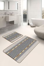 - PaspasTakimi-2li-Set1146-Gorsel-5 - Realhomes  2'li Set Gold - Siyah Zeminde Geometrik Motifli Kazayağı Desenli Geometrik Klasik  2'li Banyo & Mutfak Paspas Takımı Realhomes