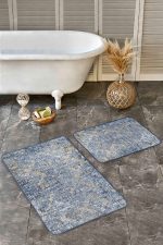 - Realhomes - Realhomes  2'li Set Mavi - Sarı Zeminde Etnik Motifli Eskitme Desenli Eskitme Motifli Vintage  2'li Banyo & Mutfak Paspas Takımı Realhomes