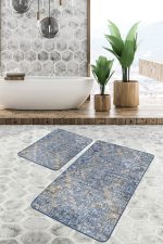 - PaspasTakimi-2li-Set1147-Gorsel-5 - Realhomes  2'li Set Mavi - Sarı Zeminde Etnik Motifli Eskitme Desenli Eskitme Motifli Vintage  2'li Banyo & Mutfak Paspas Takımı Realhomes