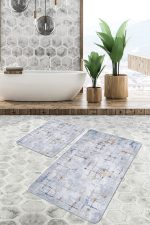 - PaspasTakimi-2li-Set1148-Gorsel-1 - Realhomes 2'li Set Gri Zeminde Kanvas Motifli Boyama Desenli Eskitme Motifli Geometrik 2'li Banyo & Mutfak Paspas Takımı Realhomes