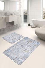 - PaspasTakimi-2li-Set1148-Gorsel - Realhomes 2'li Set Gri Zeminde Kanvas Motifli Boyama Desenli Eskitme Motifli Geometrik 2'li Banyo & Mutfak Paspas Takımı Realhomes