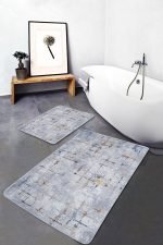 - PaspasTakimi-2li-Set1148-Gorsel-2 - Realhomes 2'li Set Gri Zeminde Kanvas Motifli Boyama Desenli Eskitme Motifli Geometrik 2'li Banyo & Mutfak Paspas Takımı Realhomes