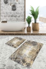 - PaspasTakimi-2li-Set1151-Gorsel-1 - Realhomes  2'li Set Gold - Gri Zeminde Çerçeveli Motifli Eskitme Desenli Klasik Geometrik  2'li Banyo & Mutfak Paspas Takımı Realhomes