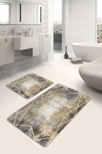 - PaspasTakimi-2li-Set1151-Gorsel - Realhomes  2'li Set Gold - Gri Zeminde Çerçeveli Motifli Eskitme Desenli Klasik Geometrik  2'li Banyo & Mutfak Paspas Takımı Realhomes