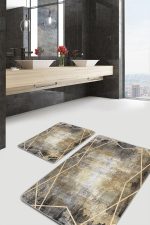 - PaspasTakimi-2li-Set1151-Gorsel-4 - Realhomes  2'li Set Gold - Gri Zeminde Çerçeveli Motifli Eskitme Desenli Klasik Geometrik  2'li Banyo & Mutfak Paspas Takımı Realhomes