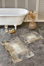 - Realhomes - Realhomes  2'li Set Gold - Gri Zeminde Çerçeveli Motifli Eskitme Desenli Klasik Geometrik  2'li Banyo & Mutfak Paspas Takımı Realhomes