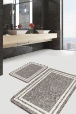 2'li Set Ekru Zeminde Çerçeveli Motifli Örme Desenli Sade & Şık Klasik  2'li Banyo & Mutfak Paspas Takımı Realhomes