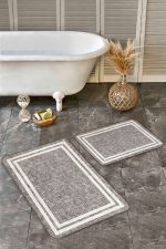 2'li Set Ekru Zeminde Çerçeveli Motifli Örme Desenli Sade & Şık Klasik  2'li Banyo & Mutfak Paspas Takımı Realhomes