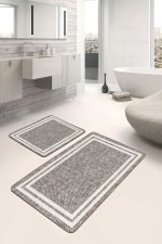 2'li Set Ekru Zeminde Çerçeveli Motifli Örme Desenli Sade & Şık Klasik  2'li Banyo & Mutfak Paspas Takımı Realhomes