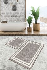2'li Set Ekru Zeminde Çerçeveli Motifli Örme Desenli Sade & Şık Klasik  2'li Banyo & Mutfak Paspas Takımı Realhomes