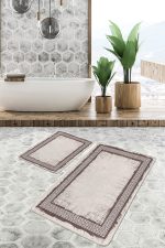 - PaspasTakimi-2li-Set1153-Gorsel-1 - Realhomes  2'li Set Krem - Kahverengi Zeminde Çerçeveli Motifli Otantik Desenli Geometrik Sade & Şık  2'li Banyo & Mutfak Paspas Takımı Realhomes