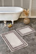 - Realhomes - Realhomes  2'li Set Krem - Kahverengi Zeminde Çerçeveli Motifli Otantik Desenli Geometrik Sade & Şık  2'li Banyo & Mutfak Paspas Takımı Realhomes