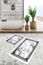 - PaspasTakimi-2li-Set1154-Gorsel-1 - Realhomes  2'li Set Siyah - Beyaz Zeminde Çerçeveli Motifli Mermer Desenli Geometrik Avangarde  2'li Banyo & Mutfak Paspas Takımı Realhomes