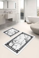 - PaspasTakimi-2li-Set1154-Gorsel - Realhomes  2'li Set Siyah - Beyaz Zeminde Çerçeveli Motifli Mermer Desenli Geometrik Avangarde  2'li Banyo & Mutfak Paspas Takımı Realhomes