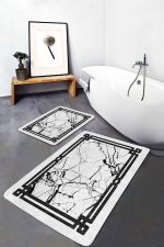 - PaspasTakimi-2li-Set1154-Gorsel-2 - Realhomes  2'li Set Siyah - Beyaz Zeminde Çerçeveli Motifli Mermer Desenli Geometrik Avangarde  2'li Banyo & Mutfak Paspas Takımı Realhomes
