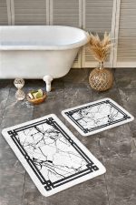 - Realhomes - Realhomes  2'li Set Siyah - Beyaz Zeminde Çerçeveli Motifli Mermer Desenli Geometrik Avangarde  2'li Banyo & Mutfak Paspas Takımı Realhomes