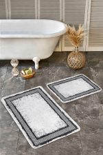 - Realhomes - Realhomes  2'li Set Gri - Siyah Zeminde Çerçeveli Motifli Eskitme Desenli Geometrik Sade & Şık  2'li Banyo & Mutfak Paspas Takımı Realhomes