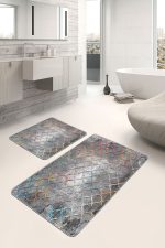 - PaspasTakimi-2li-Set1156-Gorsel-1 - Realhomes 2'li Set Gri Zeminde Morrocan Motifli Kanvas Desenli Geometrik Eskitme Motifli 2'li Banyo & Mutfak Paspas Takımı Realhomes