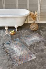 - Realhomes - Realhomes 2'li Set Gri Zeminde Morrocan Motifli Kanvas Desenli Geometrik Eskitme Motifli 2'li Banyo & Mutfak Paspas Takımı Realhomes