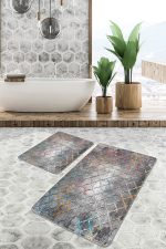 - PaspasTakimi-2li-Set1156-Gorsel-2 - Realhomes 2'li Set Gri Zeminde Morrocan Motifli Kanvas Desenli Geometrik Eskitme Motifli 2'li Banyo & Mutfak Paspas Takımı Realhomes