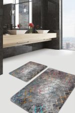 - PaspasTakimi-2li-Set1156-Gorsel-5 - Realhomes 2'li Set Gri Zeminde Morrocan Motifli Kanvas Desenli Geometrik Eskitme Motifli 2'li Banyo & Mutfak Paspas Takımı Realhomes